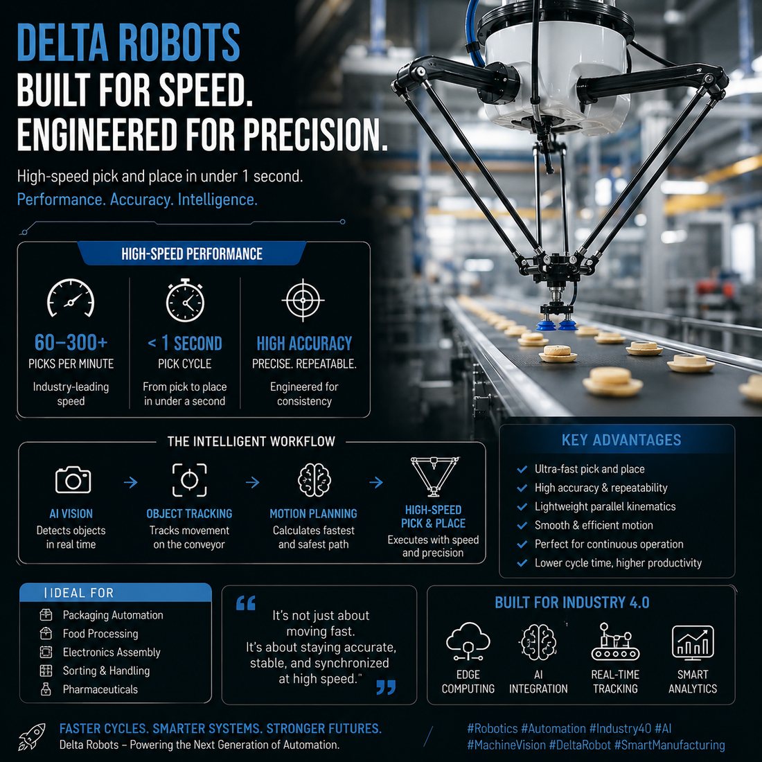 Delta robot high-speed pick and place by P RoboAI — 60 to 300+ picks per minute with AI vision, object tracking and motion planning for packaging and assembly