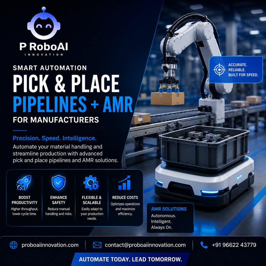 P RoboAI smart automation — pick and place pipelines and AMR solutions for manufacturers: precision, speed and intelligence for material handling
